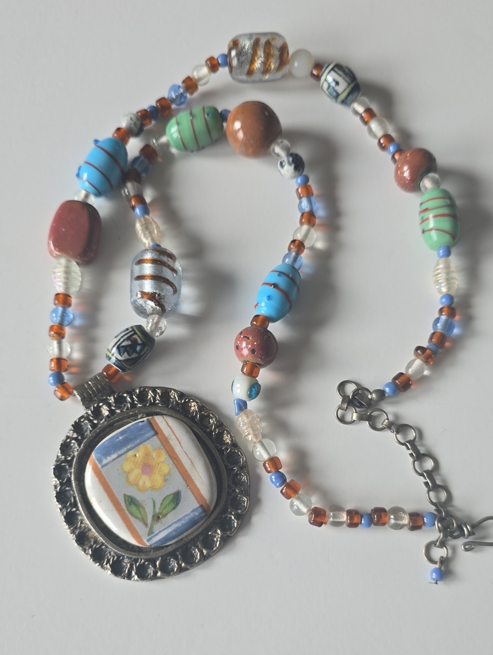 Handcrafted Floral Tile Pendant Beaded Necklace - Multicolor Glass Beads